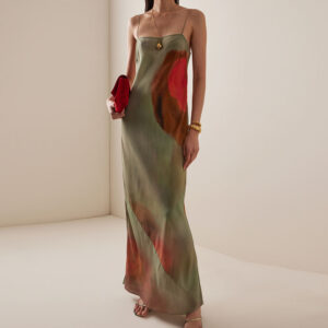 OEM Custom Women's Silk Slip Art Print Spaghetti Strap Slim Fit Elegant Maxi Dress