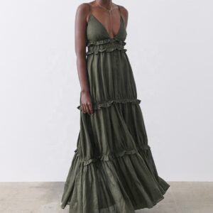 Modest Casual Elegant Solid Cotton Women Backless Linen Maxi Dress Girls Ladies v Neck Cotton Long Summer Linen Dress for Women