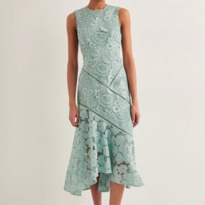 Factory New Design Elegant Mint Green Lace Sleeveless Asymmetric Ruffled Hem Slim Fit Midi Dress