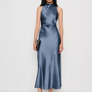 Yiton Fashion OEM Custom Elegant Style Women's Slate Blue Satin Sleeveless Slim Fit Maxi Dress