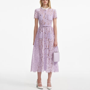 Custom Made Purple Lace Midi Dress With Hollow Out Short Sleeve Belted A Line Design Support OEM ODM Sample Making For Women