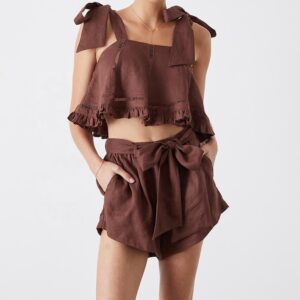 Fashion Sleeveless Blouse and Shorts Ladies Outfit 2 Piece Set Pants Summer Women Casual 100% Linen and Cotton Fabric Sets