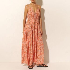 Casual Beach Sundress Women's Slip Dress Summer Holiday Style Sleeveless Sexy V-neck Strap Sling Floral Midi Dress Cotton Linen