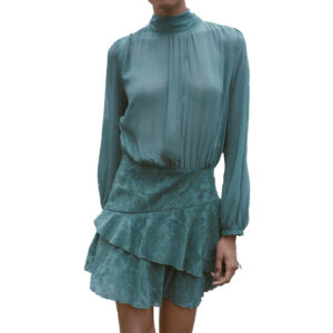 Custom Women's Teal Paisley Print Mock Neck Layered Design Mini Party Dress