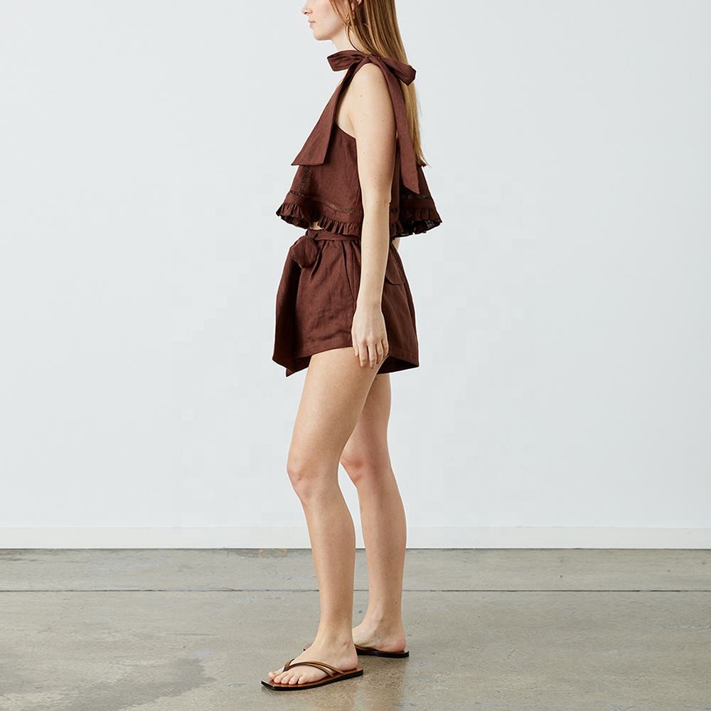 Fashion Sleeveless Blouse and Shorts Ladies Outfit 2 Piece Set Pants Summer Women Casual 100% Linen and Cotton Fabric Sets - Image 3