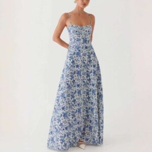 Custom Wholesale Women's Casual Summer A-Line Flare Backless Sleeveless Halter Collar Maxi Printed Cotton Linen Dress Loose Long