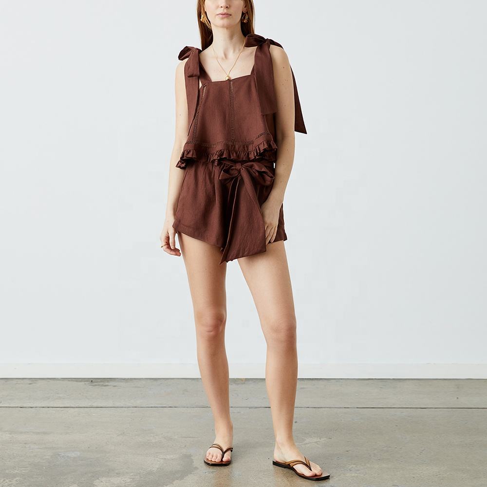 Fashion Sleeveless Blouse and Shorts Ladies Outfit 2 Piece Set Pants Summer Women Casual 100% Linen and Cotton Fabric Sets - Image 2